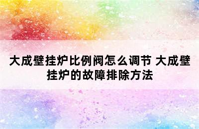 大成壁挂炉比例阀怎么调节 大成壁挂炉的故障排除方法